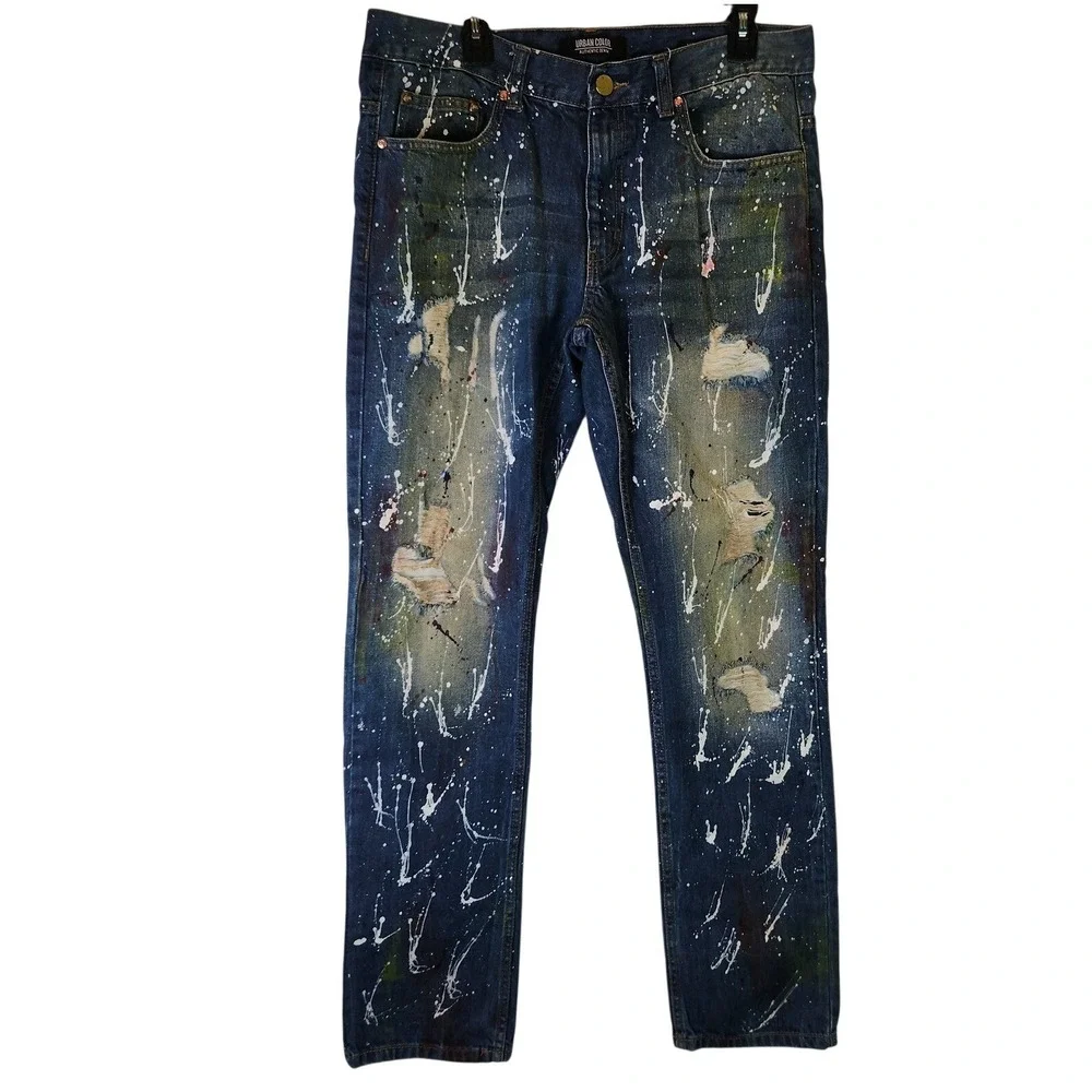 Urban Color Jeans Paint Splatter Distressed‎ Blue Denim Streetwear 36x32
